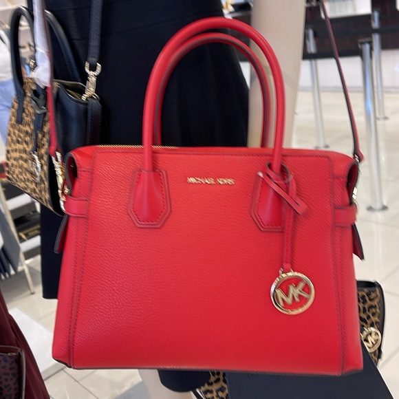 Michael Kors Mercer Medium Top-Zip Belted Satchel Crossbody Purse 
BRIGHT RED
NW - Picture 14 of 16